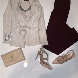 Pants and tie around sweater